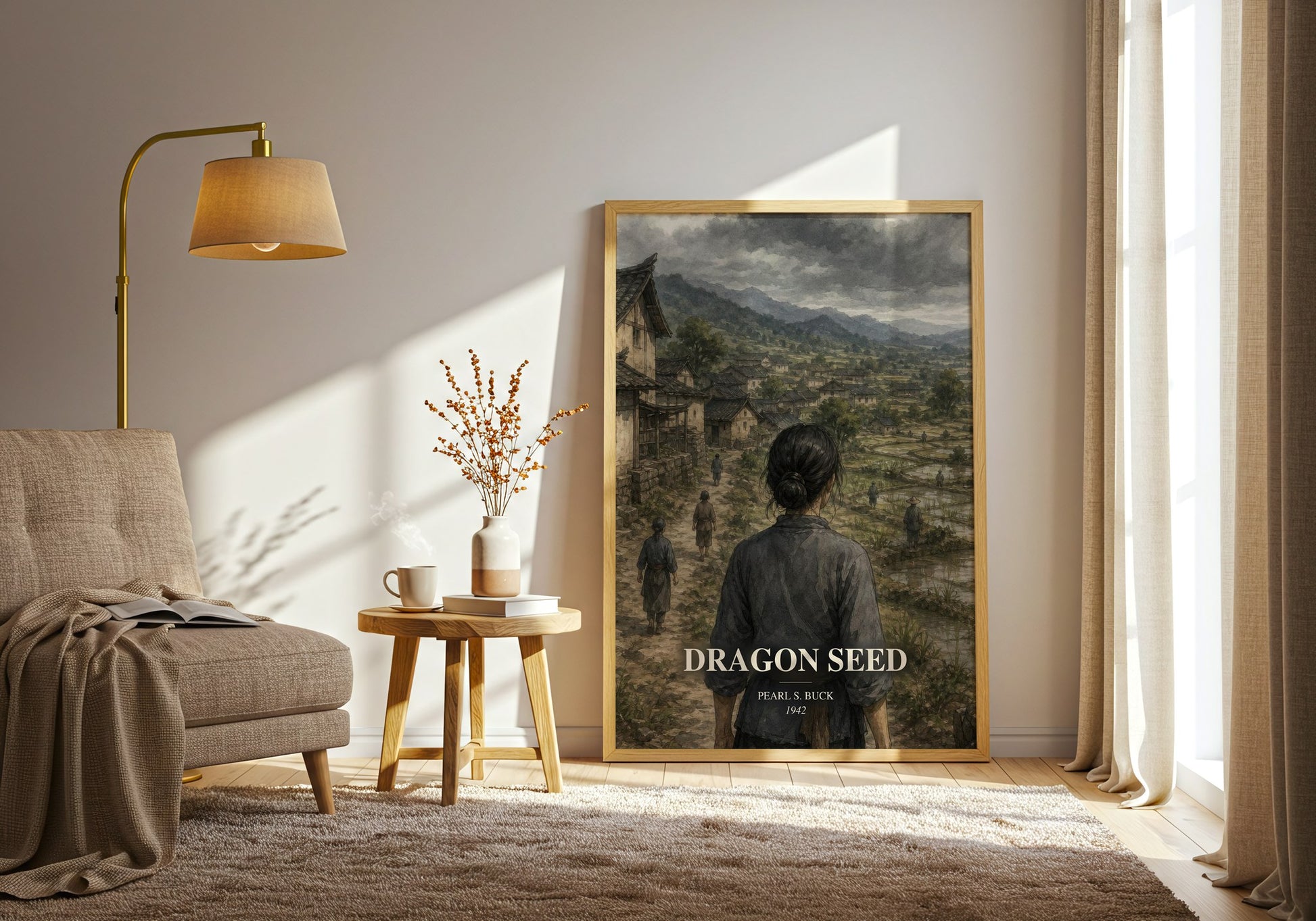 Dragon Seed watercolour print in frame leaning in hallway – historical fiction wall art