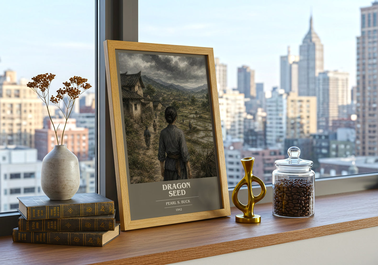 Dragon Seed book cover print framed by window – literary home decor