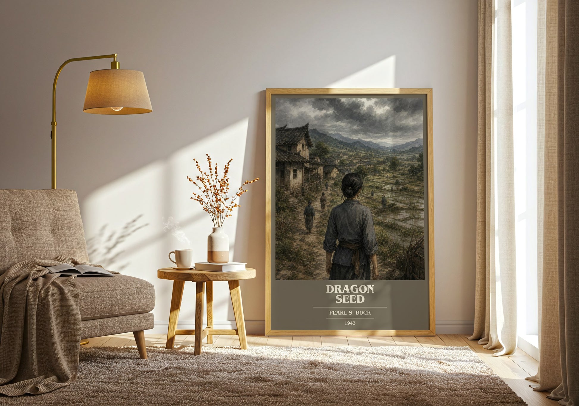Dragon Seed book cover print on bookshelf – Pearl S. Buck fan gift