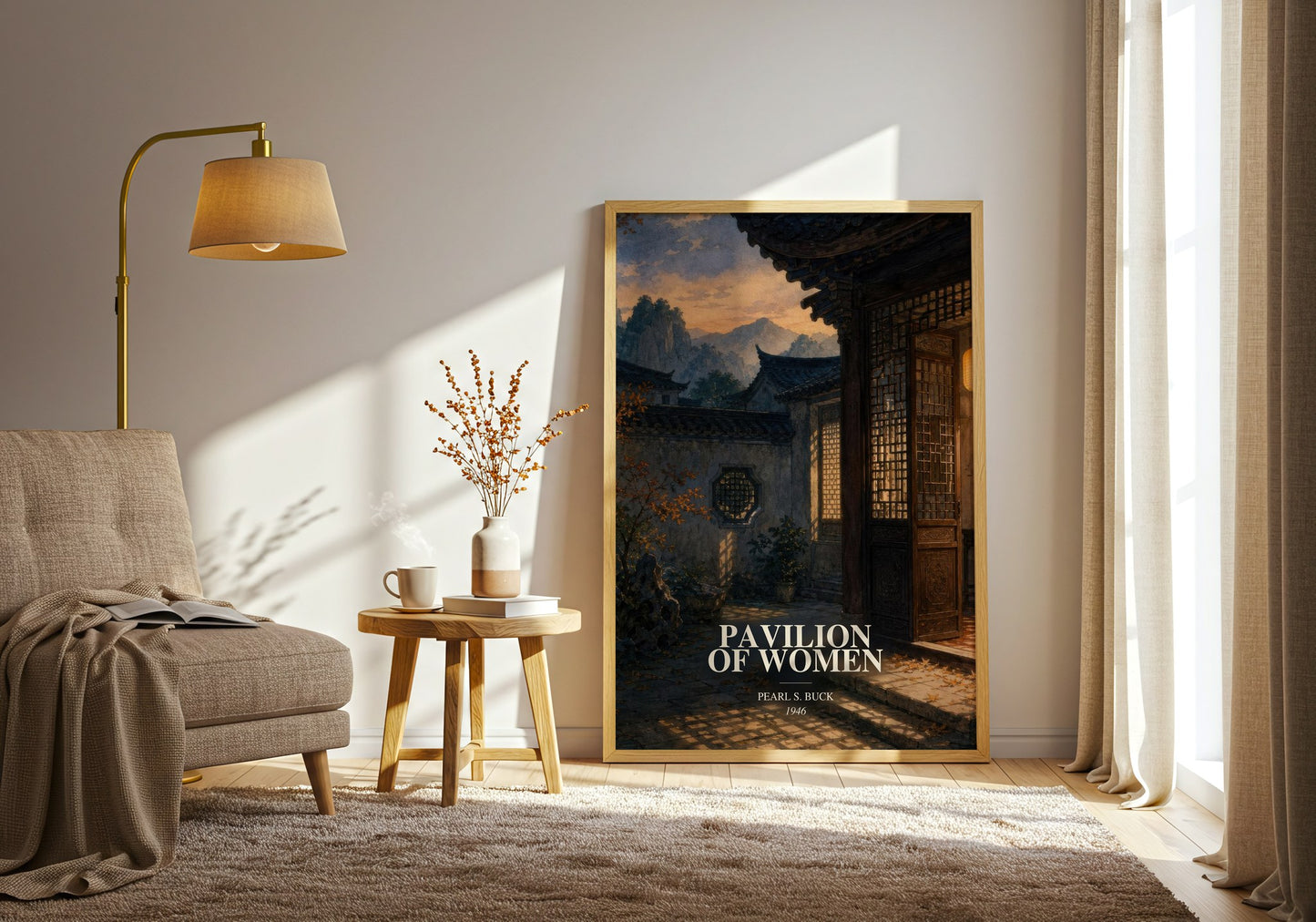 Pavilion Of Women watercolour print in frame leaning in hallway – literary fiction wall art