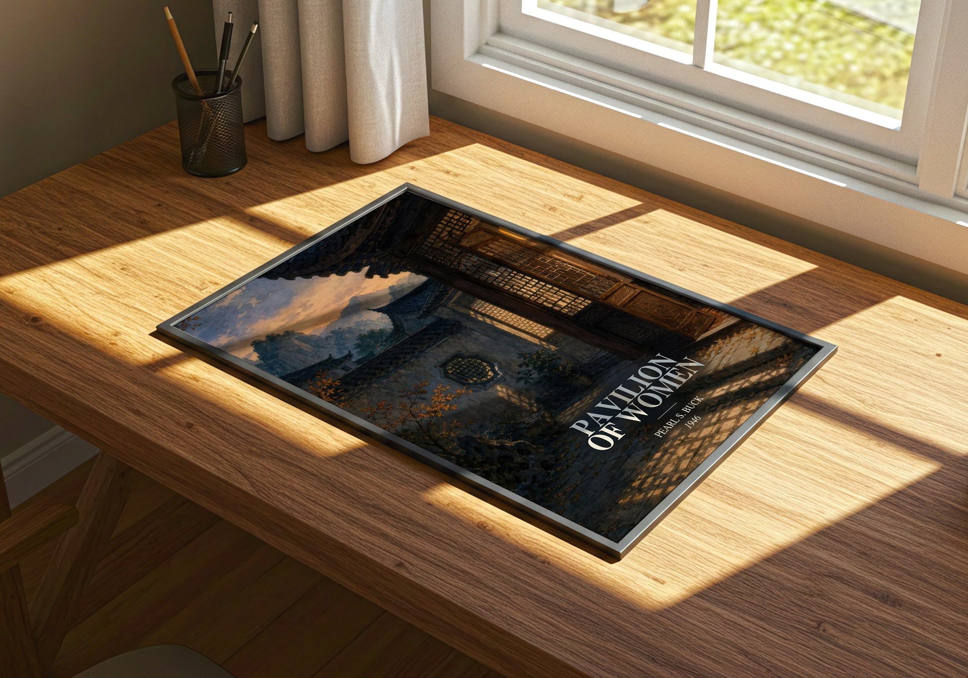 Pavilion Of Women watercolour book poster framed on wall – literary fiction wall art