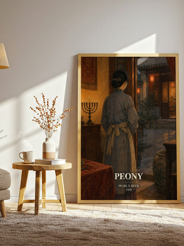 Peony watercolour print in frame leaning in hallway – historical fiction wall art