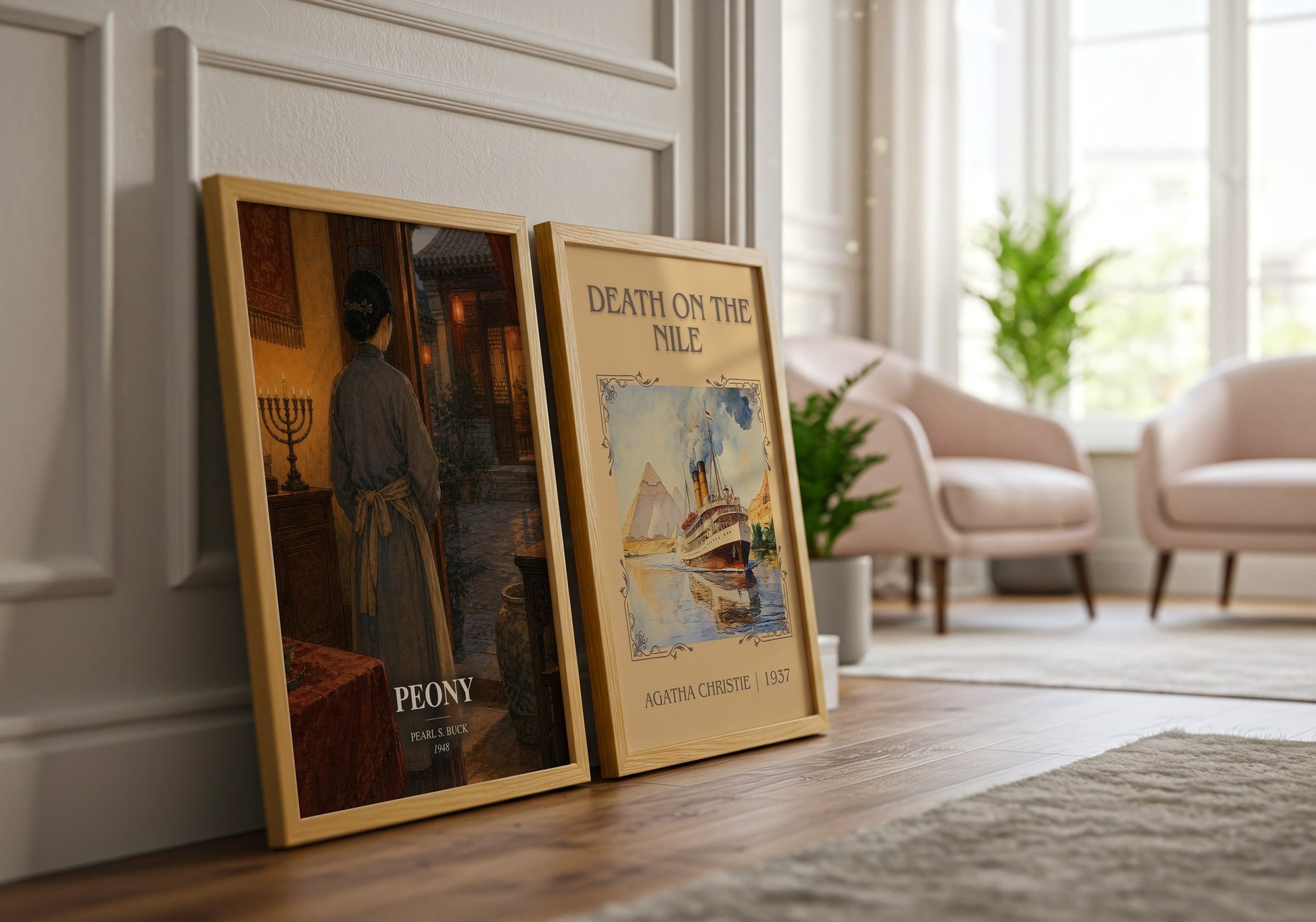 Peony watercolour print framed by window – literary home decor