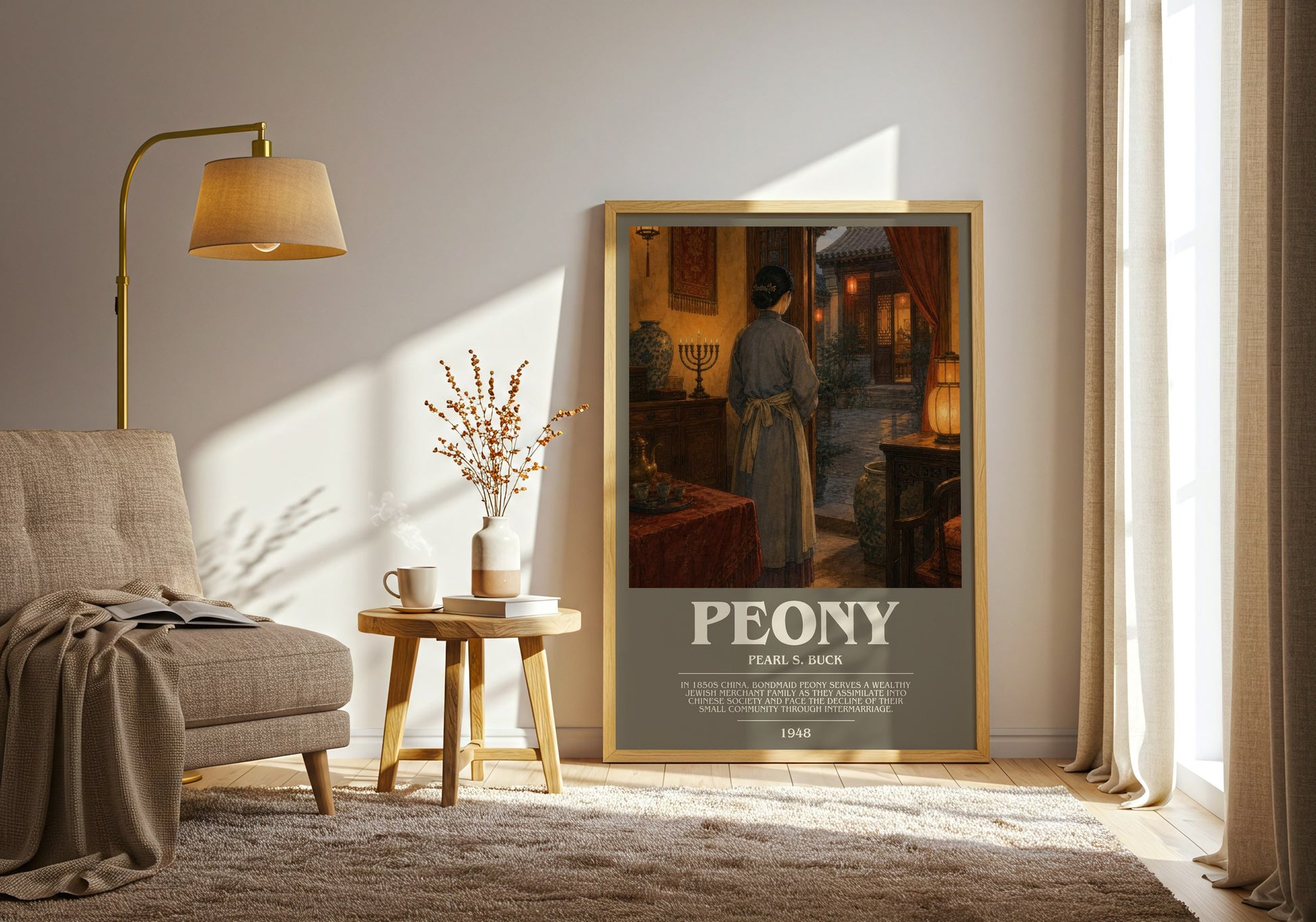 Peony bookish print on bookshelf – Pearl S. Buck fan gift