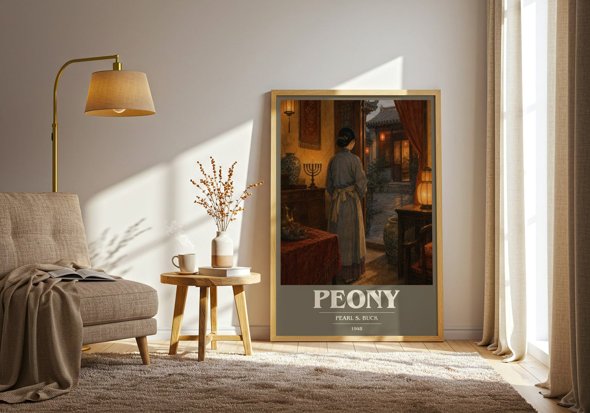Peony book cover print on bookshelf – Pearl S. Buck fan gift