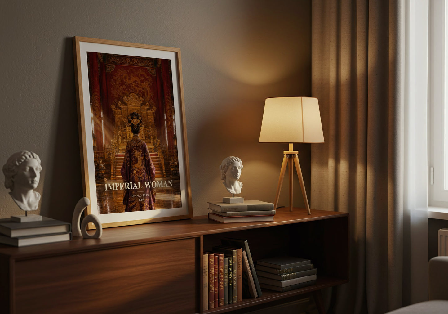 Imperial Woman watercolour print on bookshelf – Pearl S. Buck fan gift