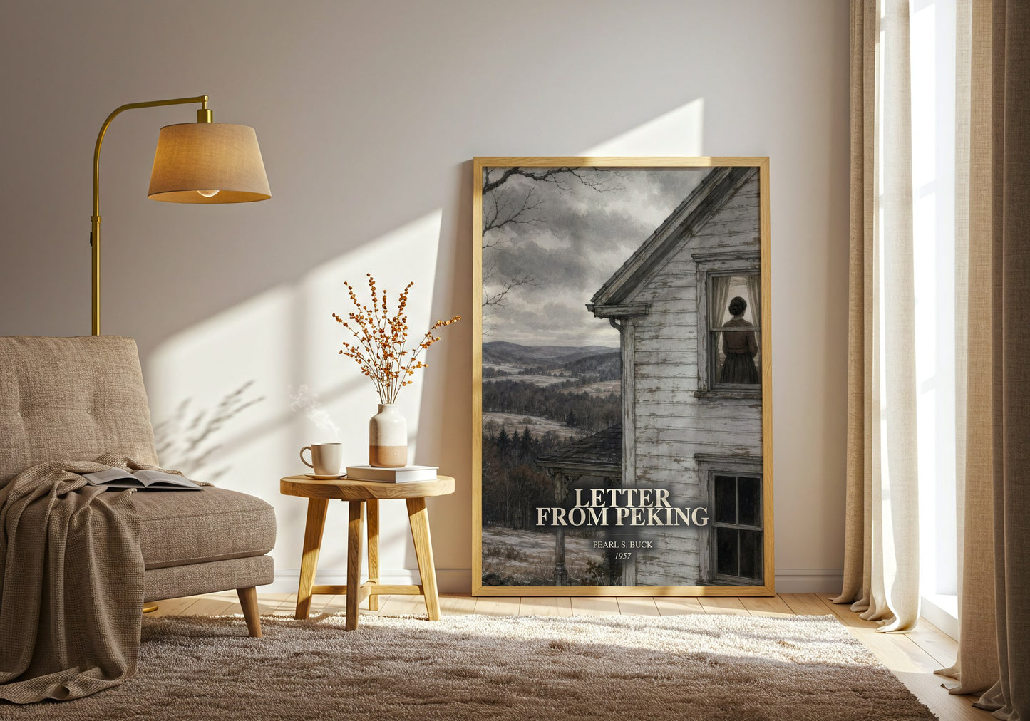 Letter From Peking watercolour print in frame leaning in hallway – literary fiction wall art