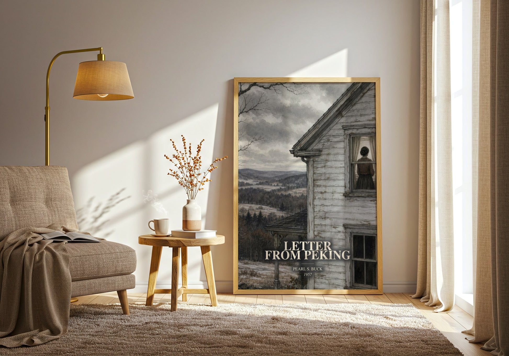 Letter From Peking watercolour print in frame leaning in hallway – literary fiction wall art