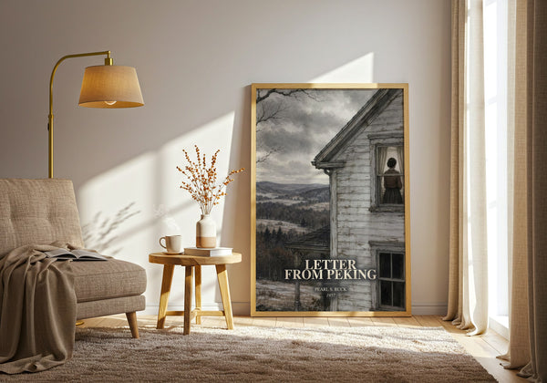 Letter From Peking watercolour print in frame leaning in hallway – literary fiction wall art