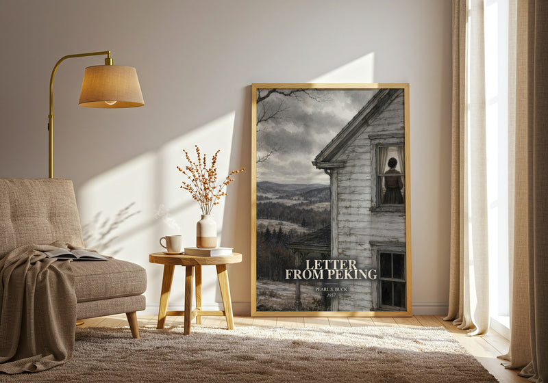 Letter From Peking watercolour print in frame leaning in hallway – literary fiction wall art