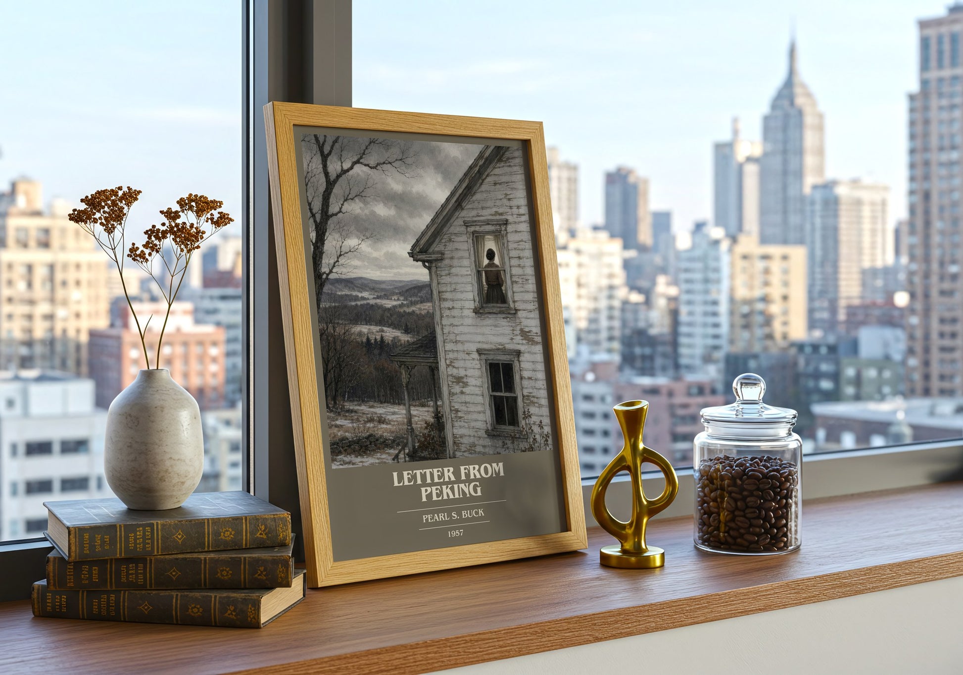 Letter From Peking book cover print framed by window – literary home decor