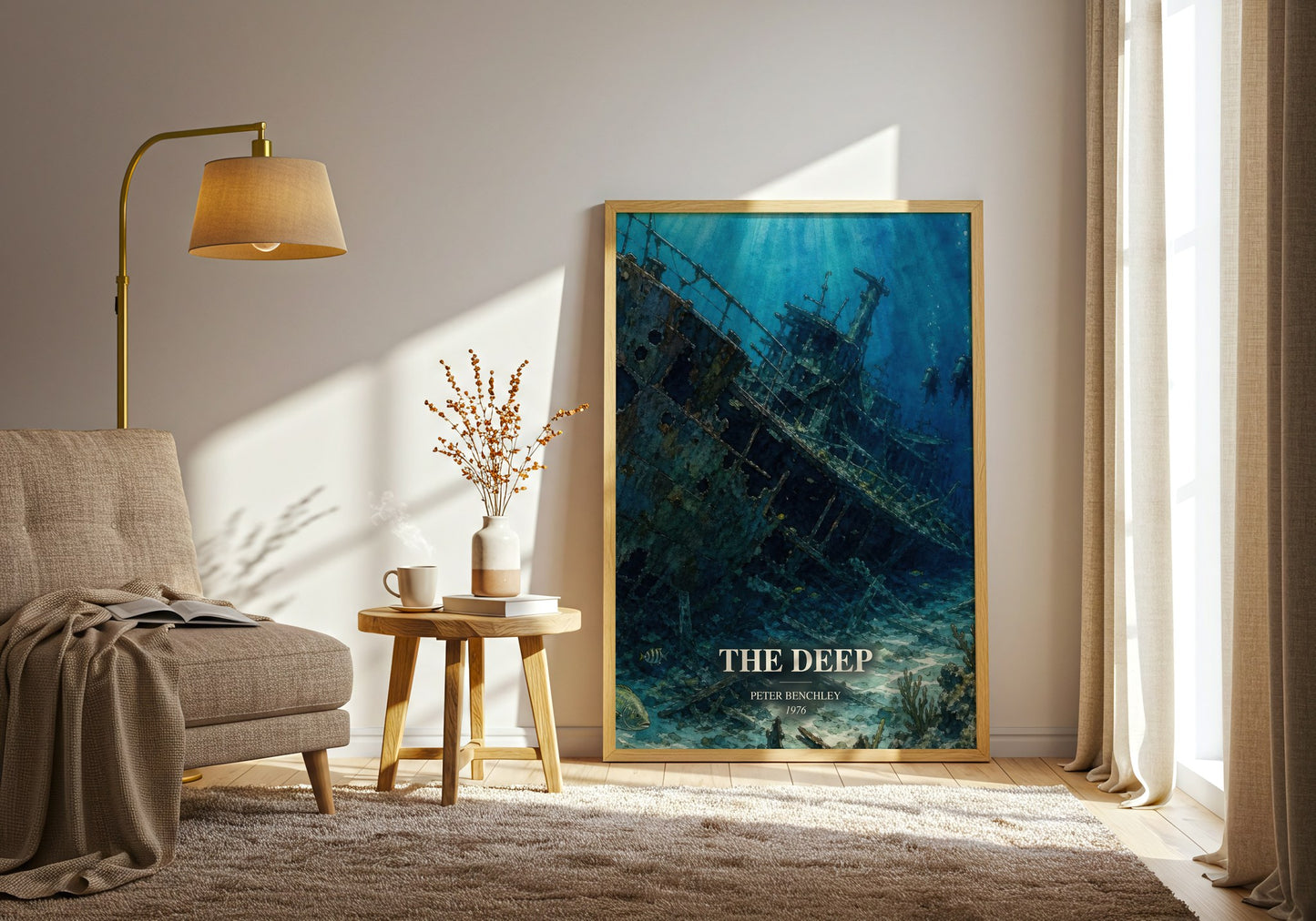 The Deep watercolour print in frame leaning in hallway – thriller wall art