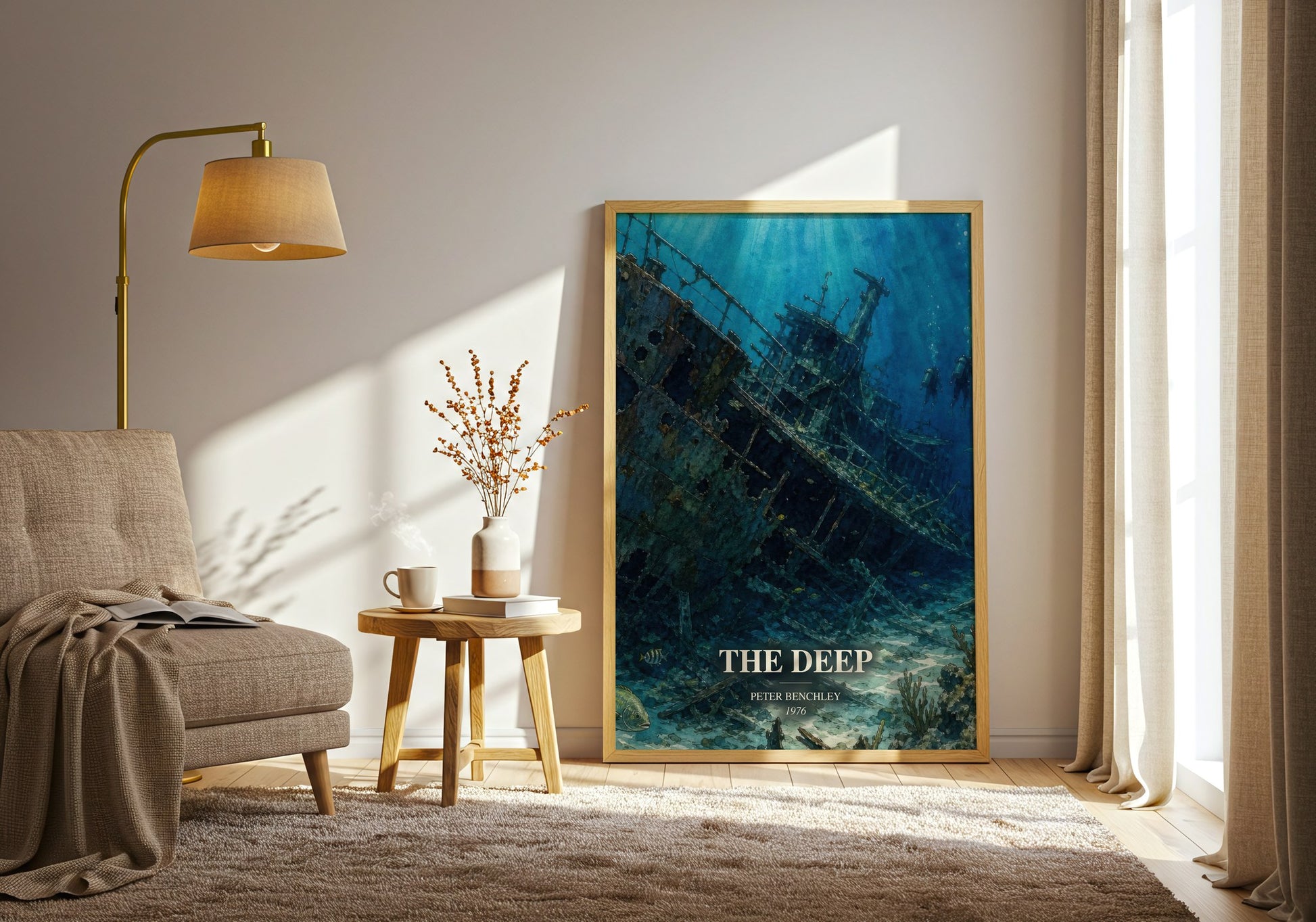 The Deep watercolour print in frame leaning in hallway – thriller wall art