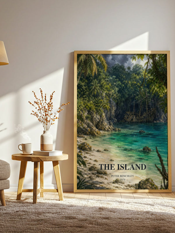 The Island watercolour print in frame leaning in hallway – thriller wall art