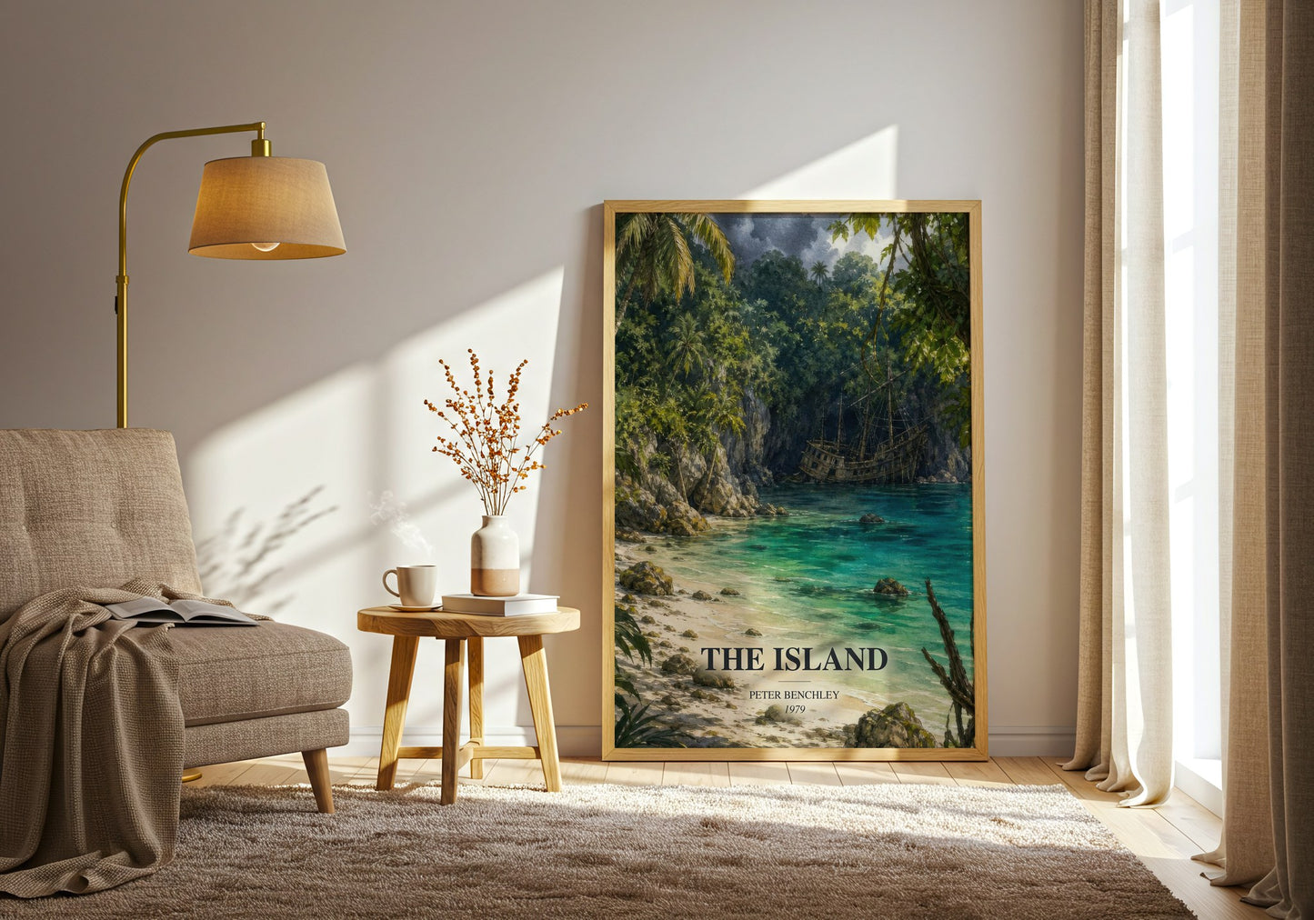 The Island watercolour print in frame leaning in hallway – thriller wall art
