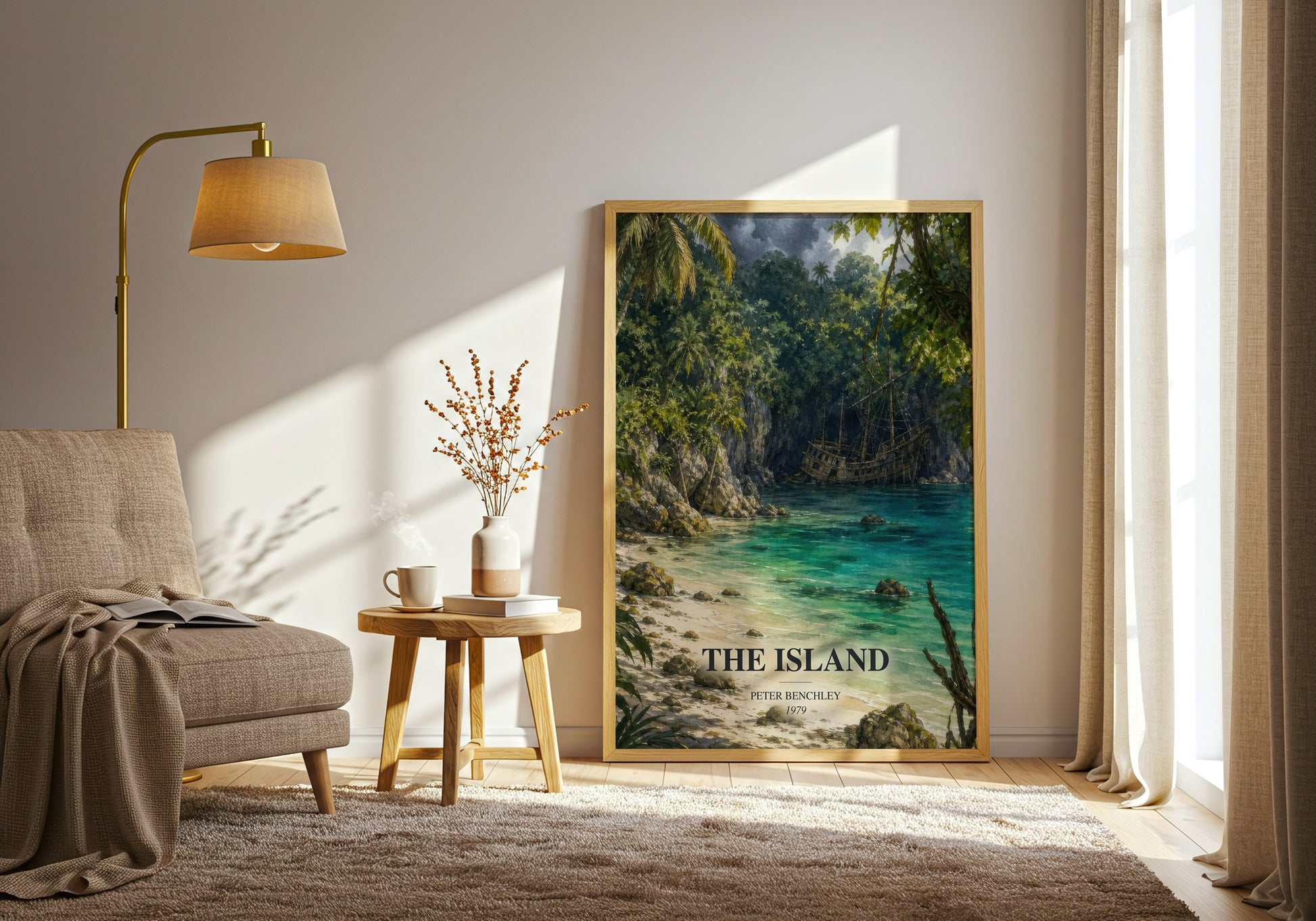 The Island watercolour print in frame leaning in hallway – thriller wall art