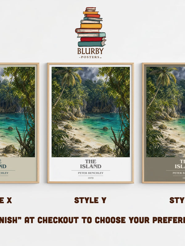 The Island book cover print in frame leaning in hallway – thriller wall art