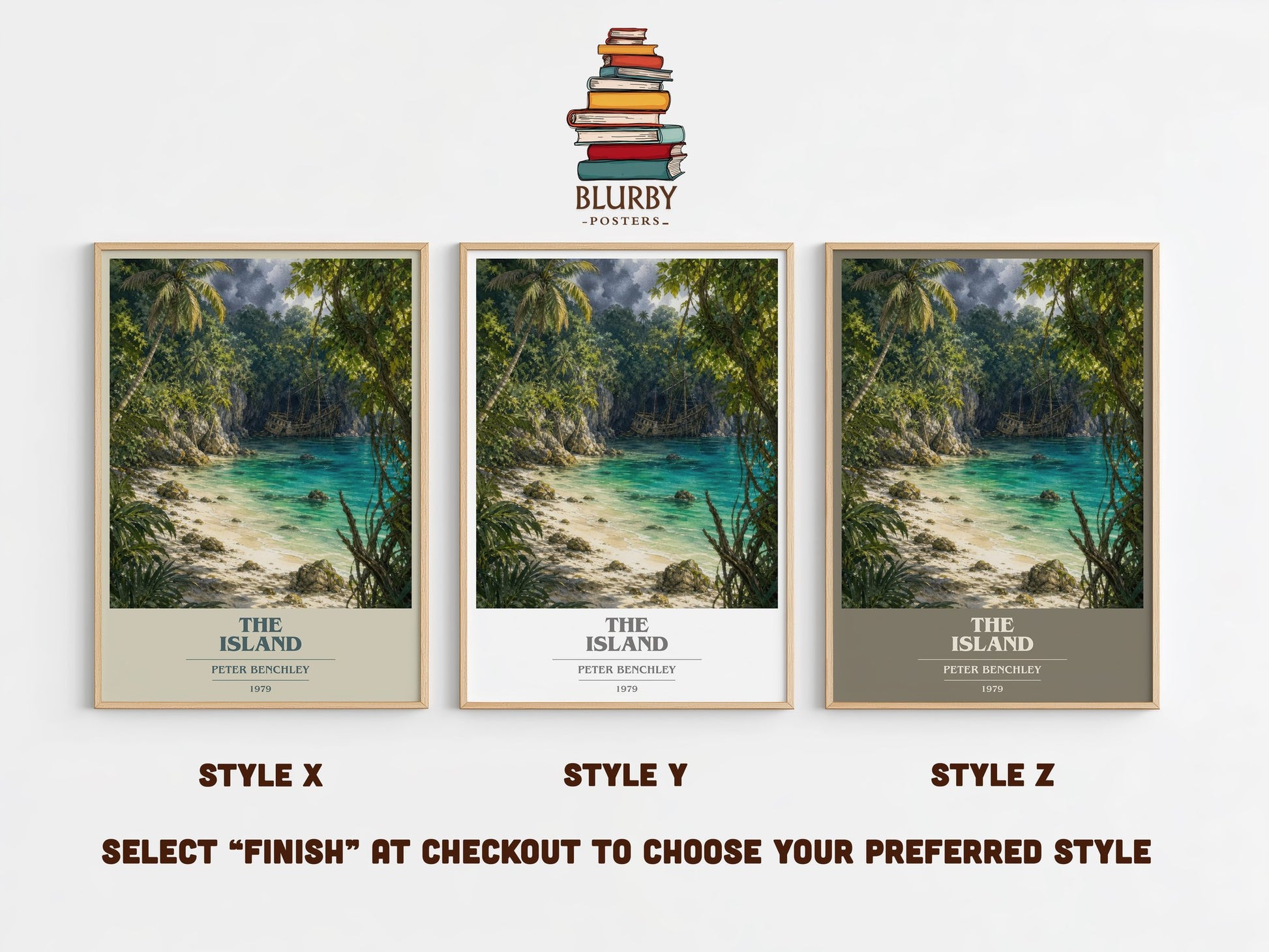 The Island book cover print in frame leaning in hallway – thriller wall art