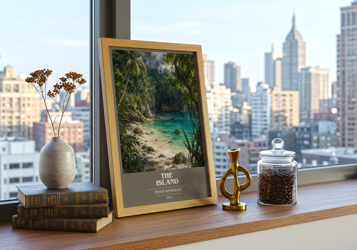 The Island book cover print framed by window – literary home decor