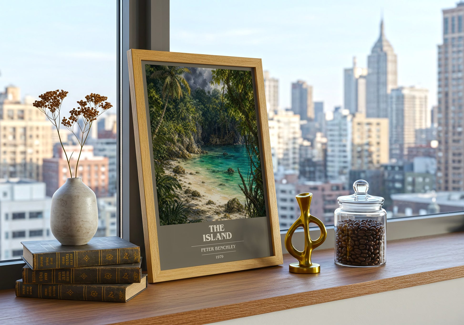 The Island book cover print framed by window – literary home decor