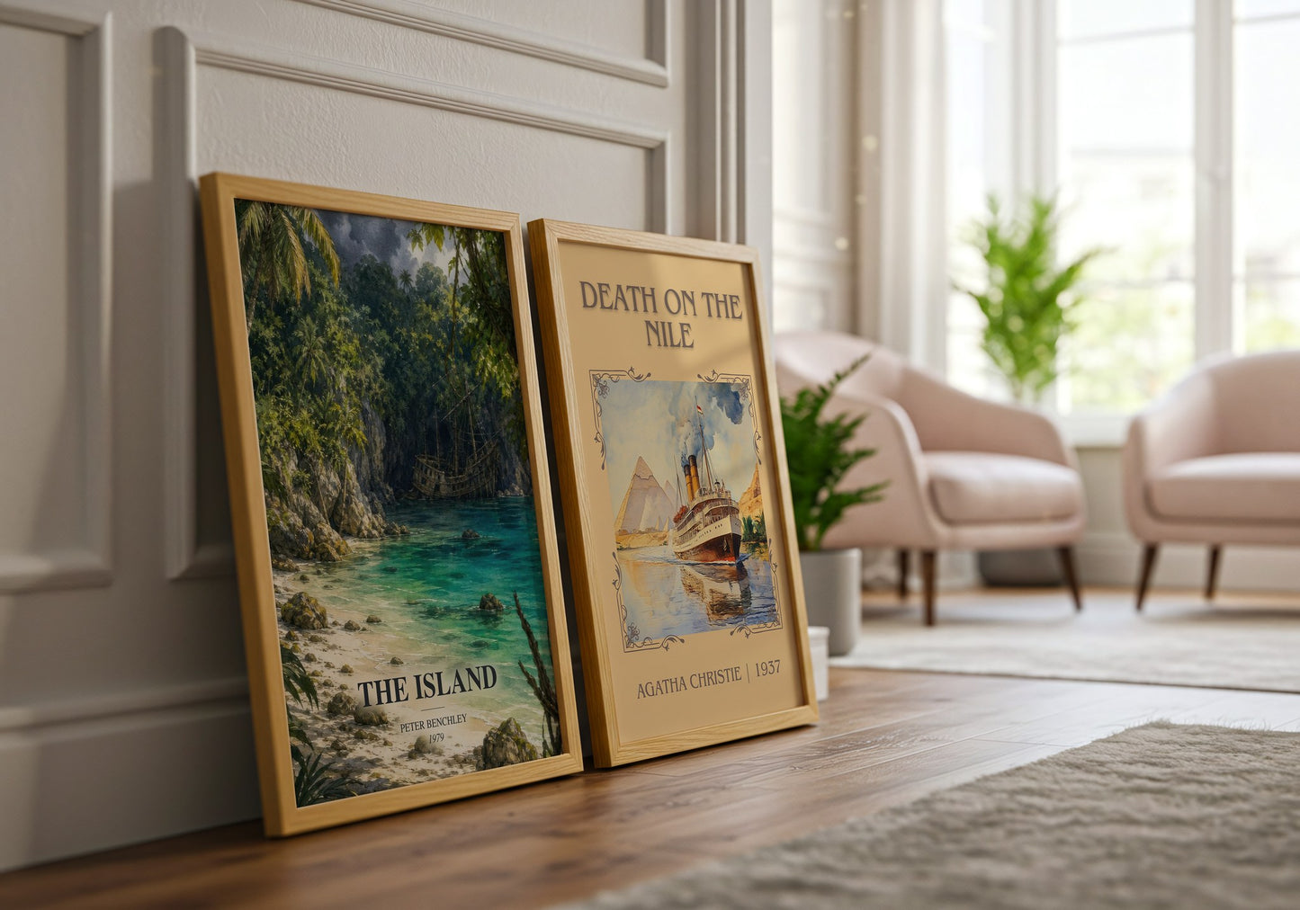 The Island watercolour print framed by window – literary home decor