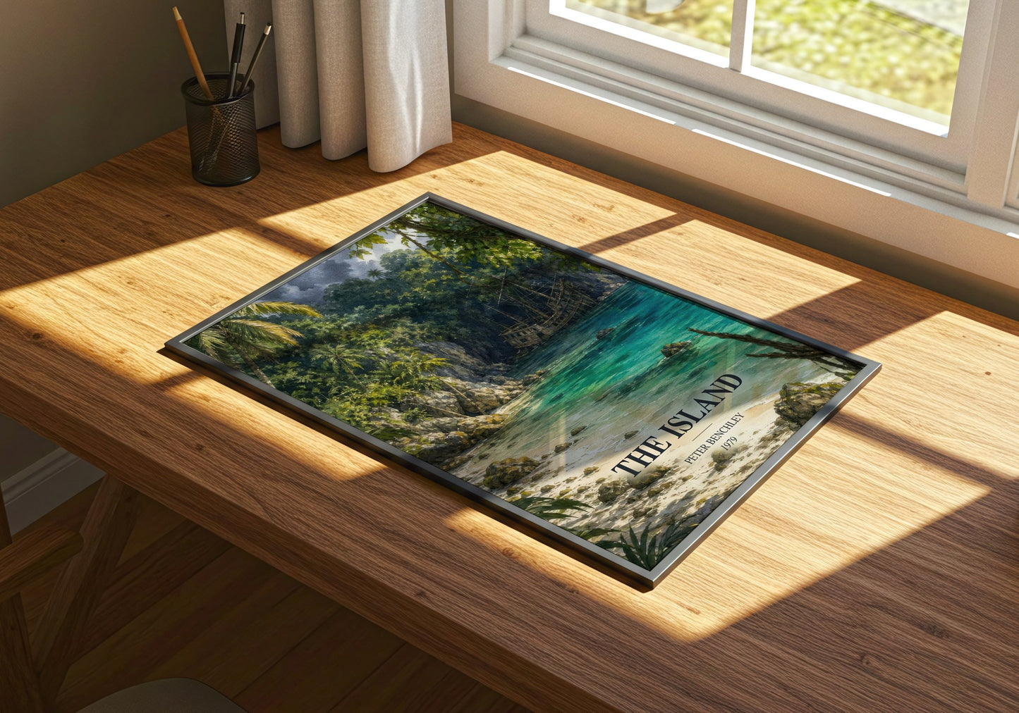 The Island watercolour book poster framed on wall – thriller wall art