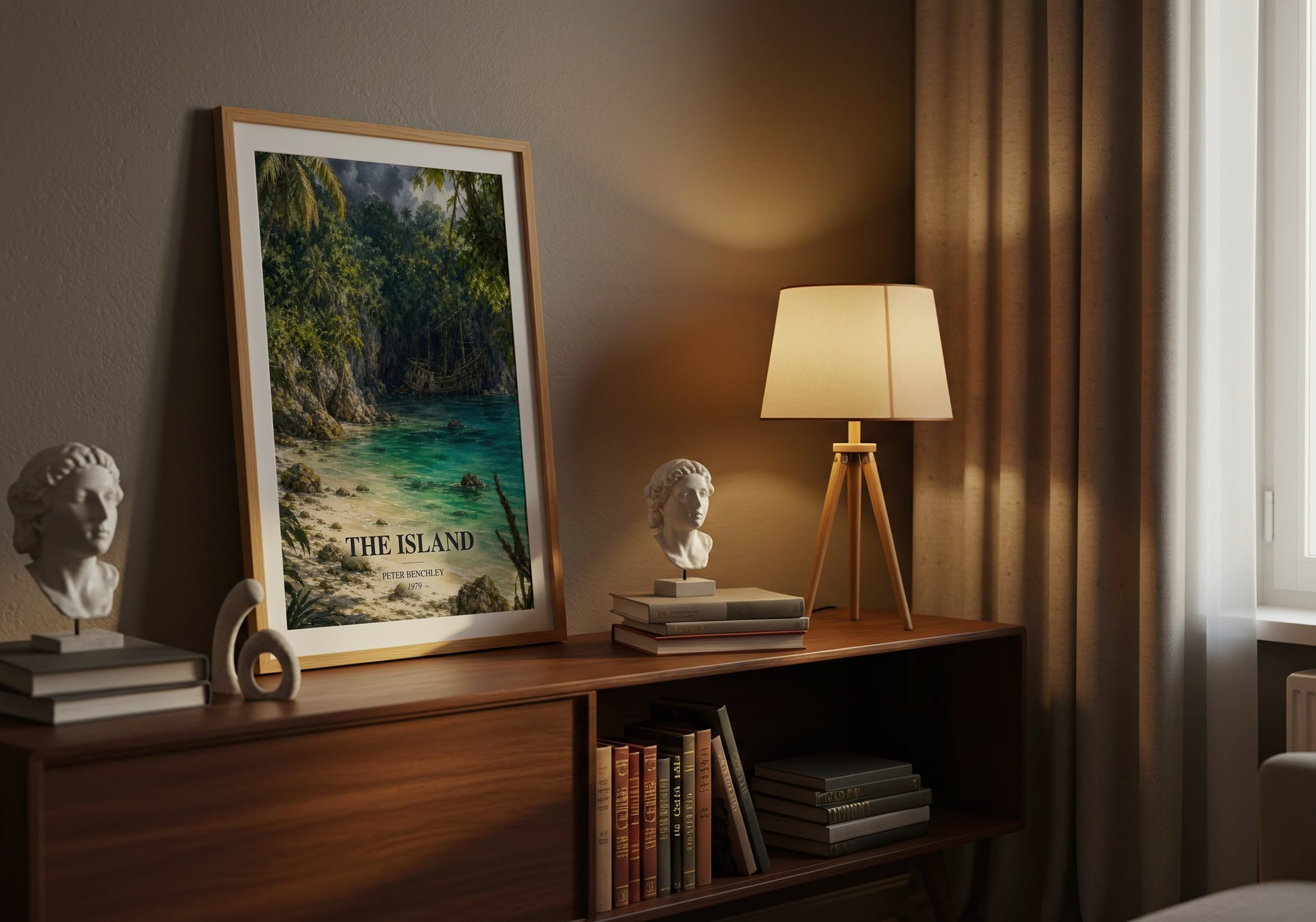 The Island watercolour print on bookshelf – Peter Benchley fan gift