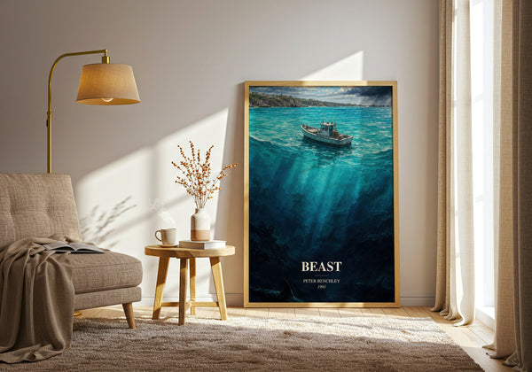 Beast watercolour print in frame leaning in hallway – horror wall art