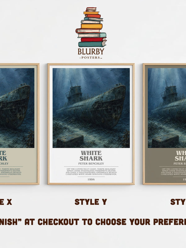 White Shark bookish print in frame leaning in hallway – thriller wall art