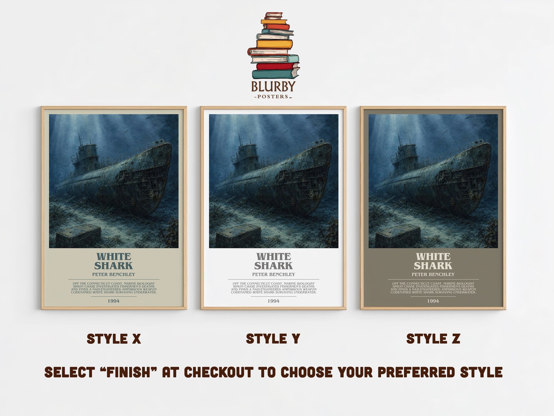 White Shark bookish print in frame leaning in hallway – thriller wall art
