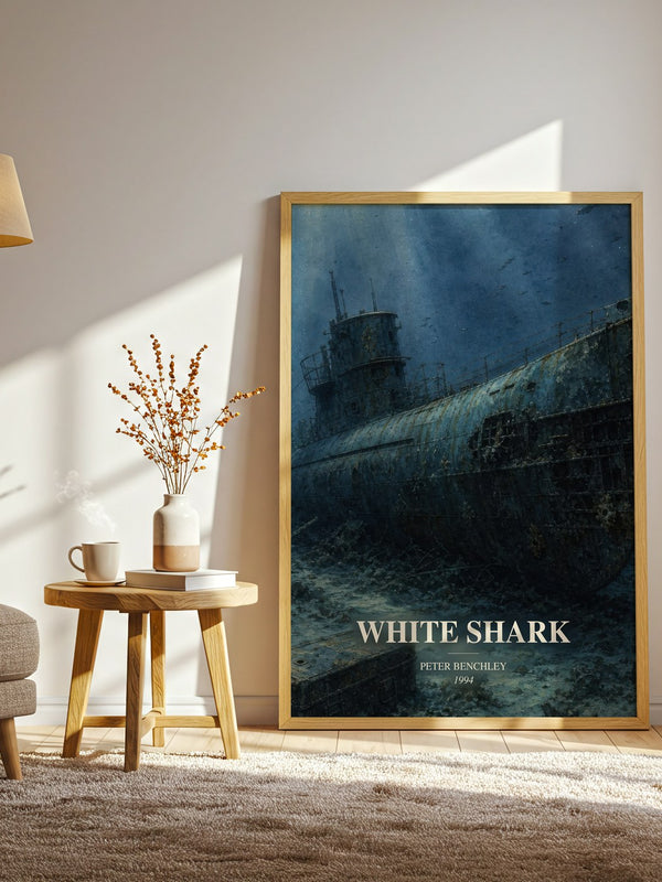 White Shark watercolour print in frame leaning in hallway – thriller wall art