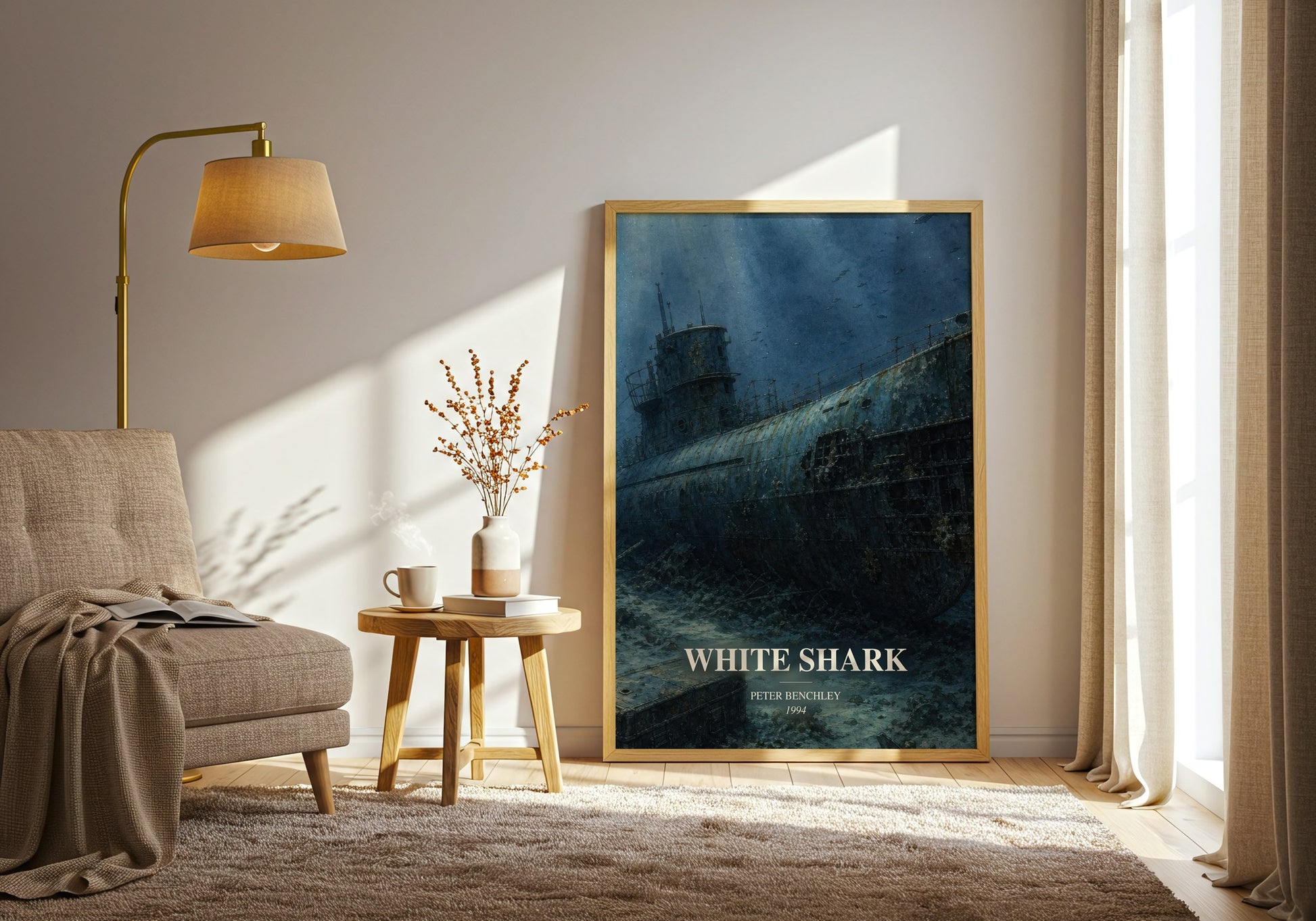White Shark watercolour print in frame leaning in hallway – thriller wall art
