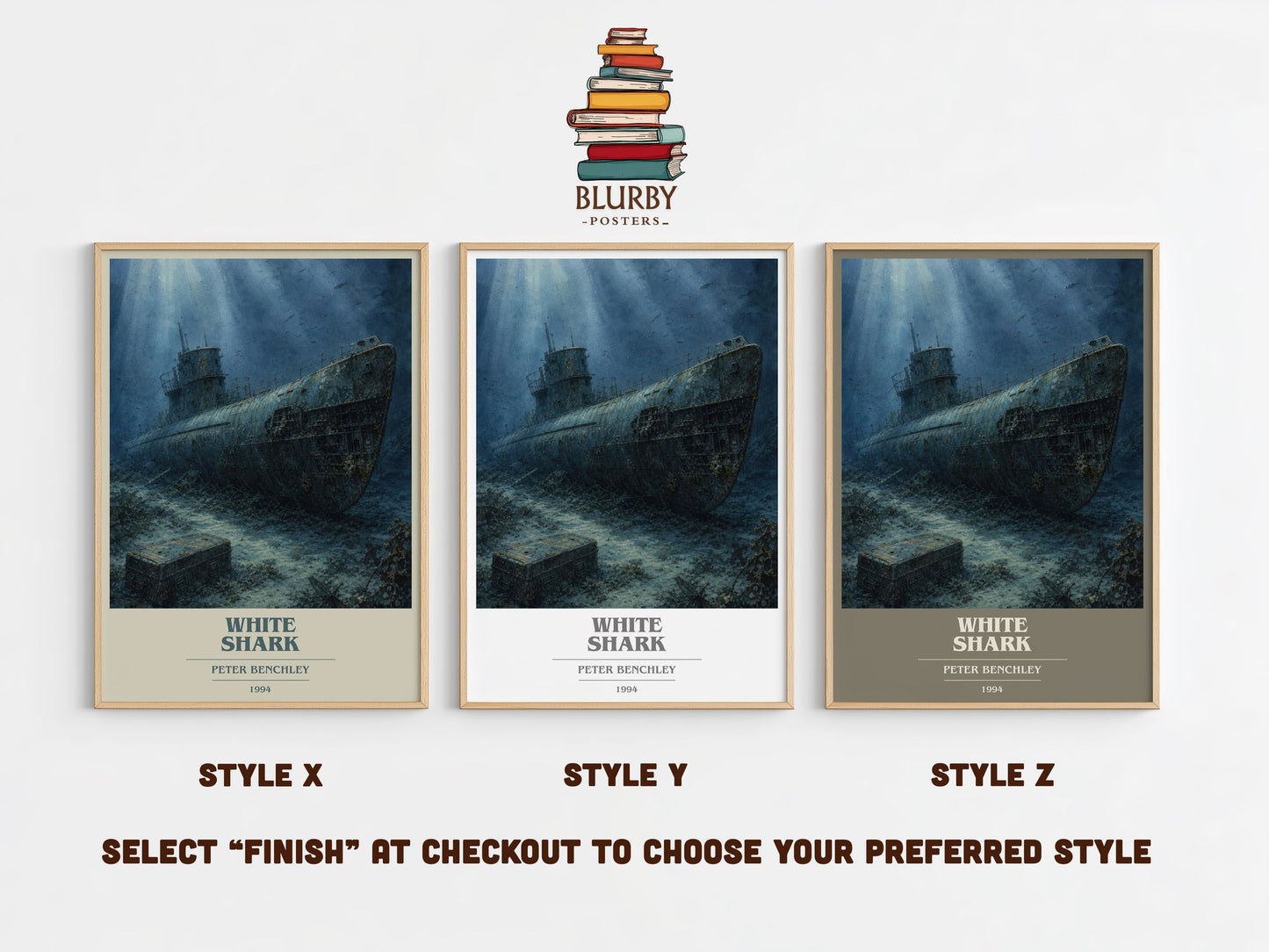 White Shark book cover print in frame leaning in hallway – thriller wall art
