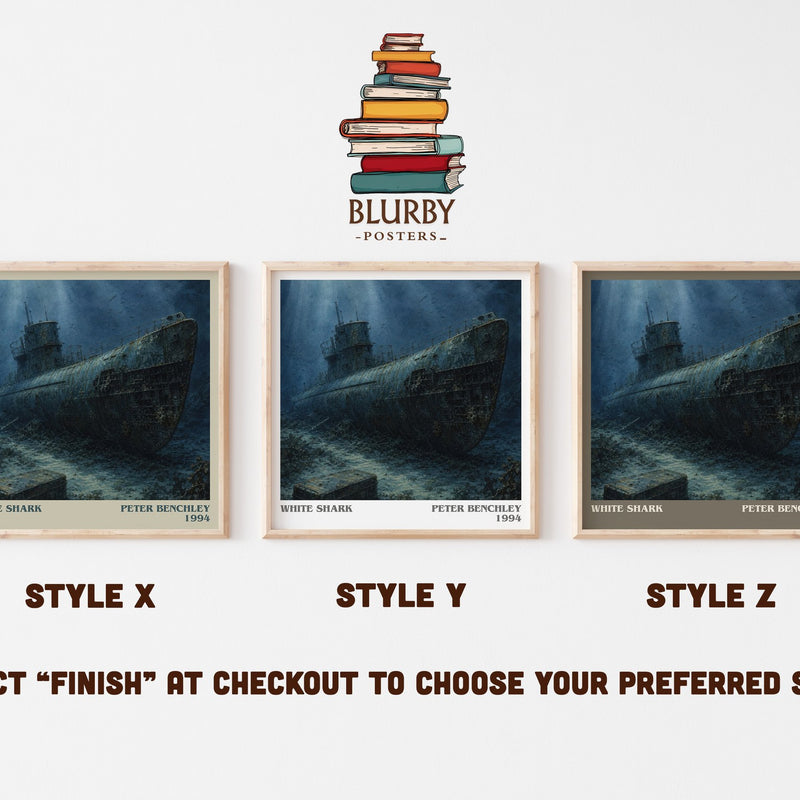 White Shark literary print in frame leaning in hallway – thriller wall art