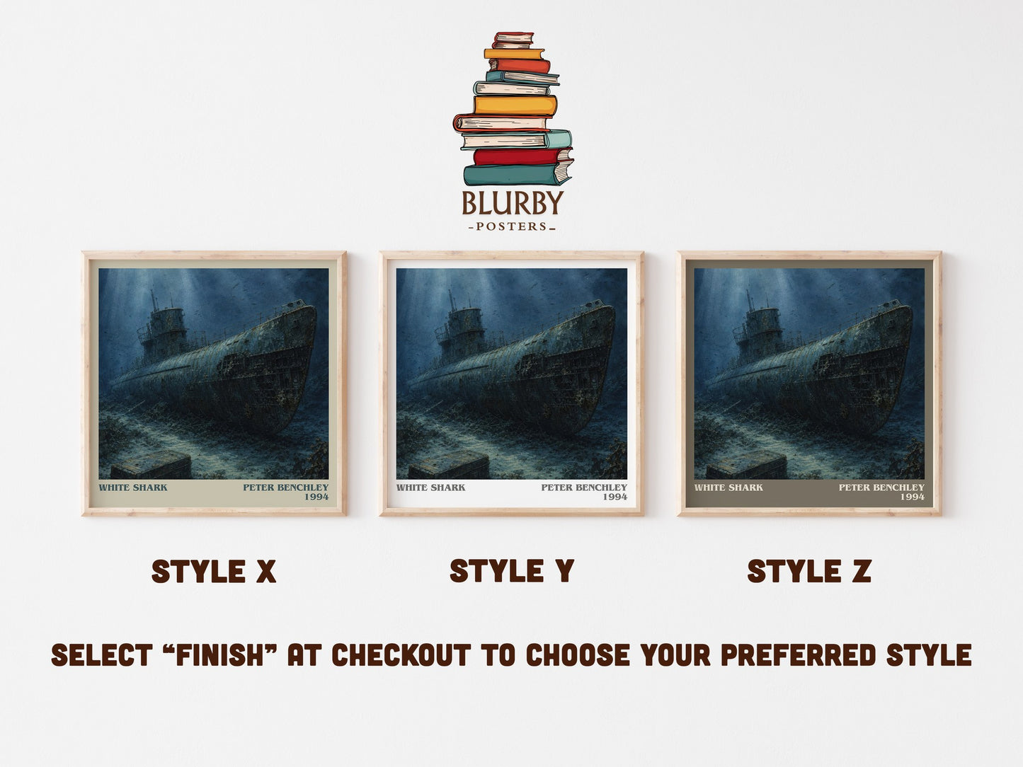 White Shark literary print in frame leaning in hallway – thriller wall art