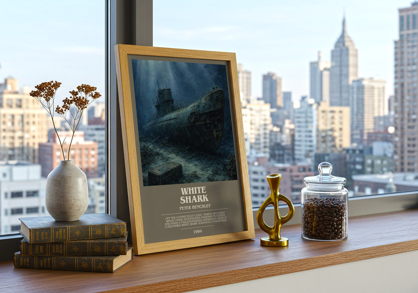 White Shark bookish print framed by window – literary home decor