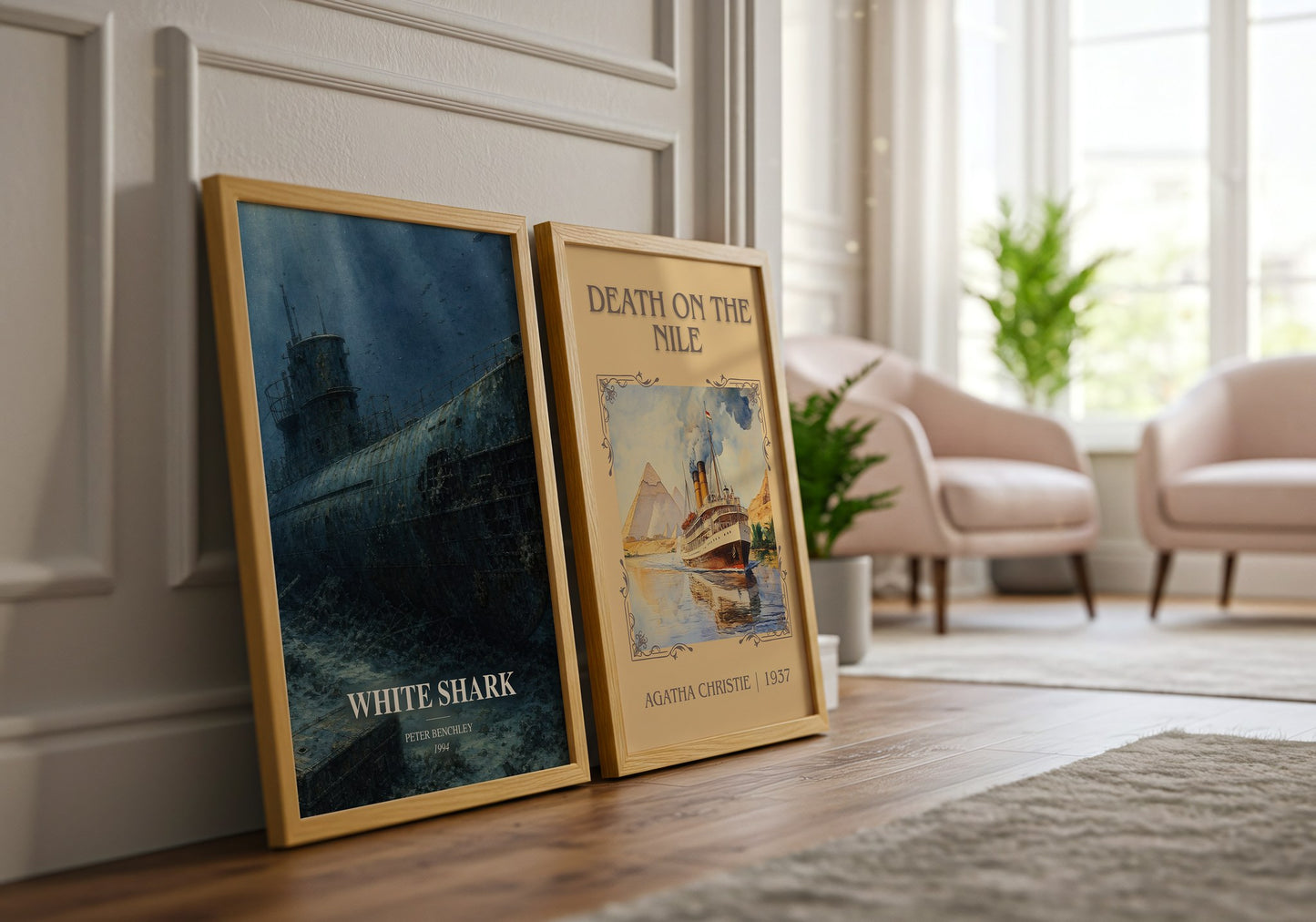 White Shark watercolour print framed by window – literary home decor