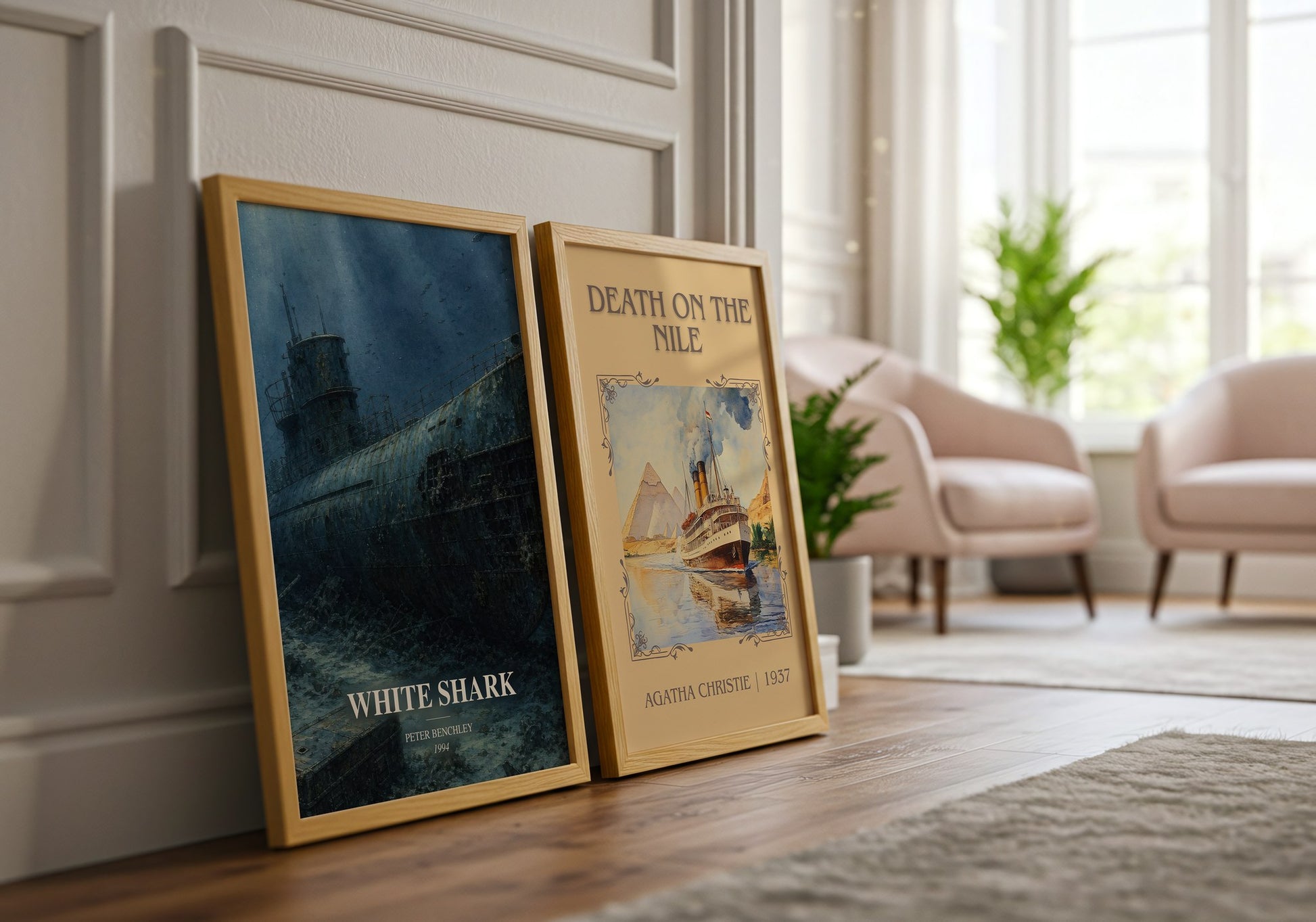 White Shark watercolour print framed by window – literary home decor
