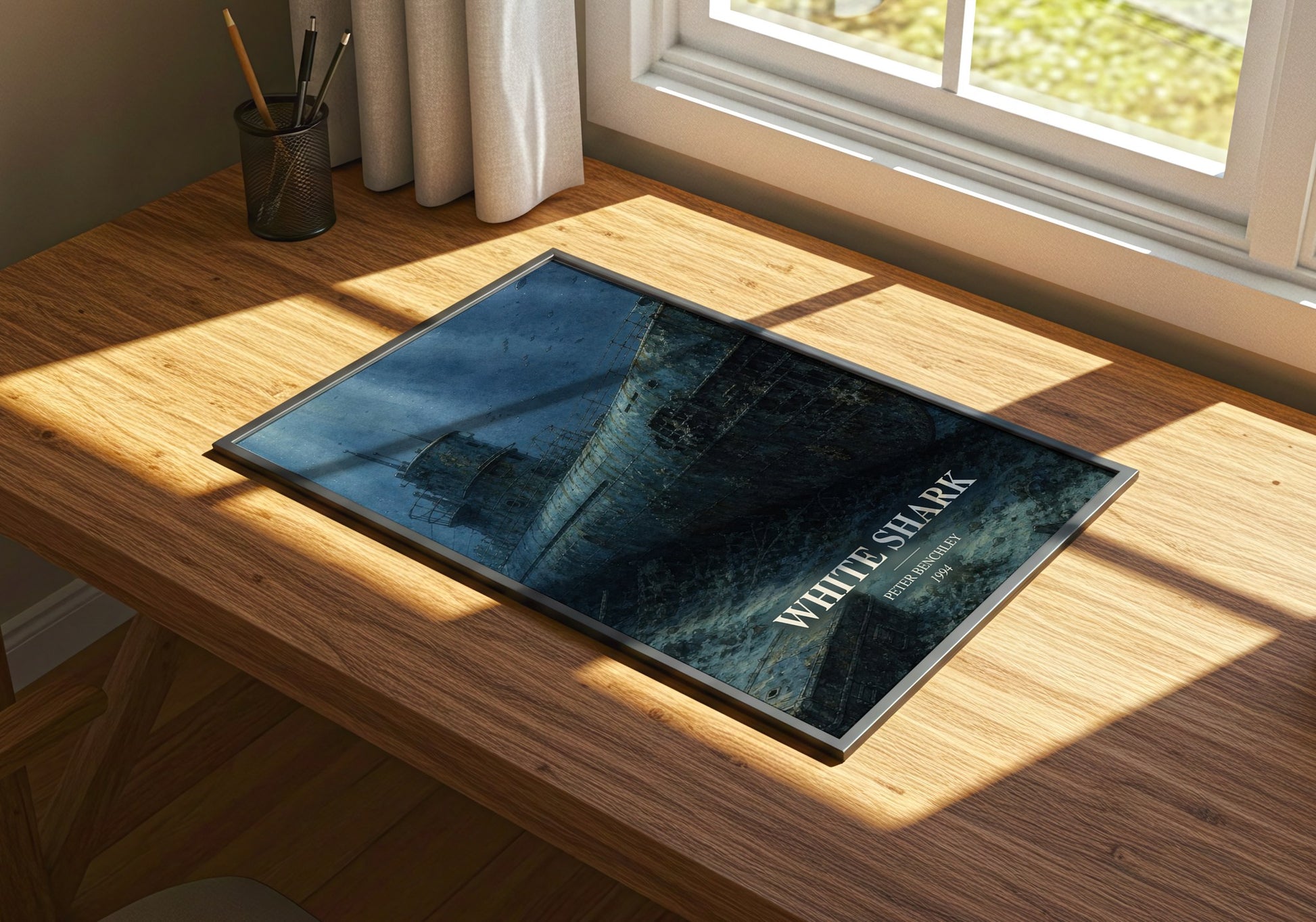 White Shark watercolour book poster framed on wall – thriller wall art