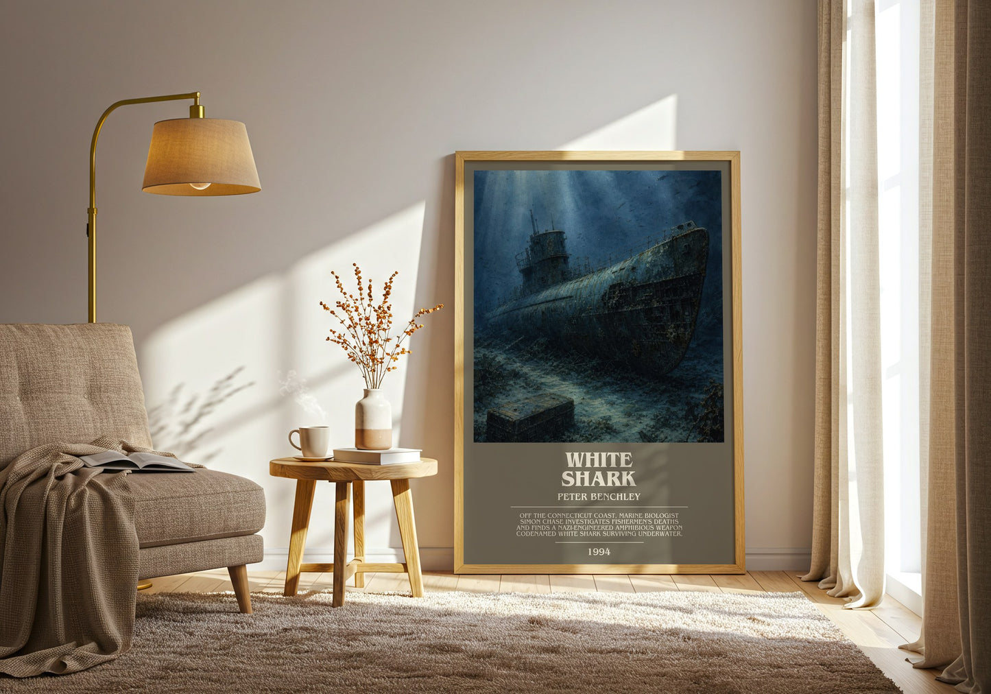 White Shark bookish print on bookshelf – Peter Benchley fan gift