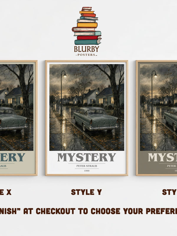 Mystery book cover print in frame leaning in hallway – mystery wall art
