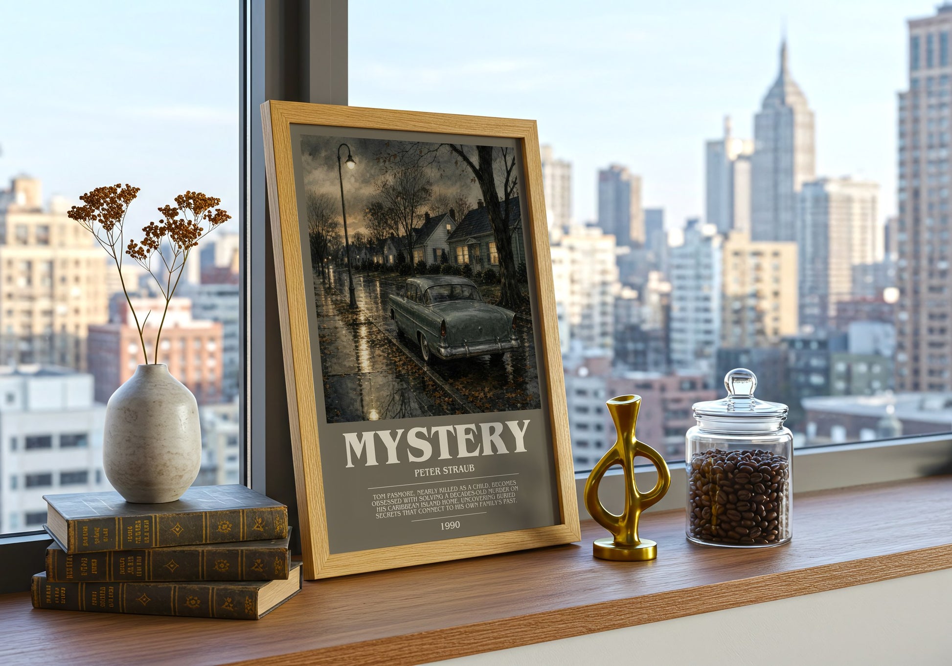 Mystery bookish print framed by window – literary home decor