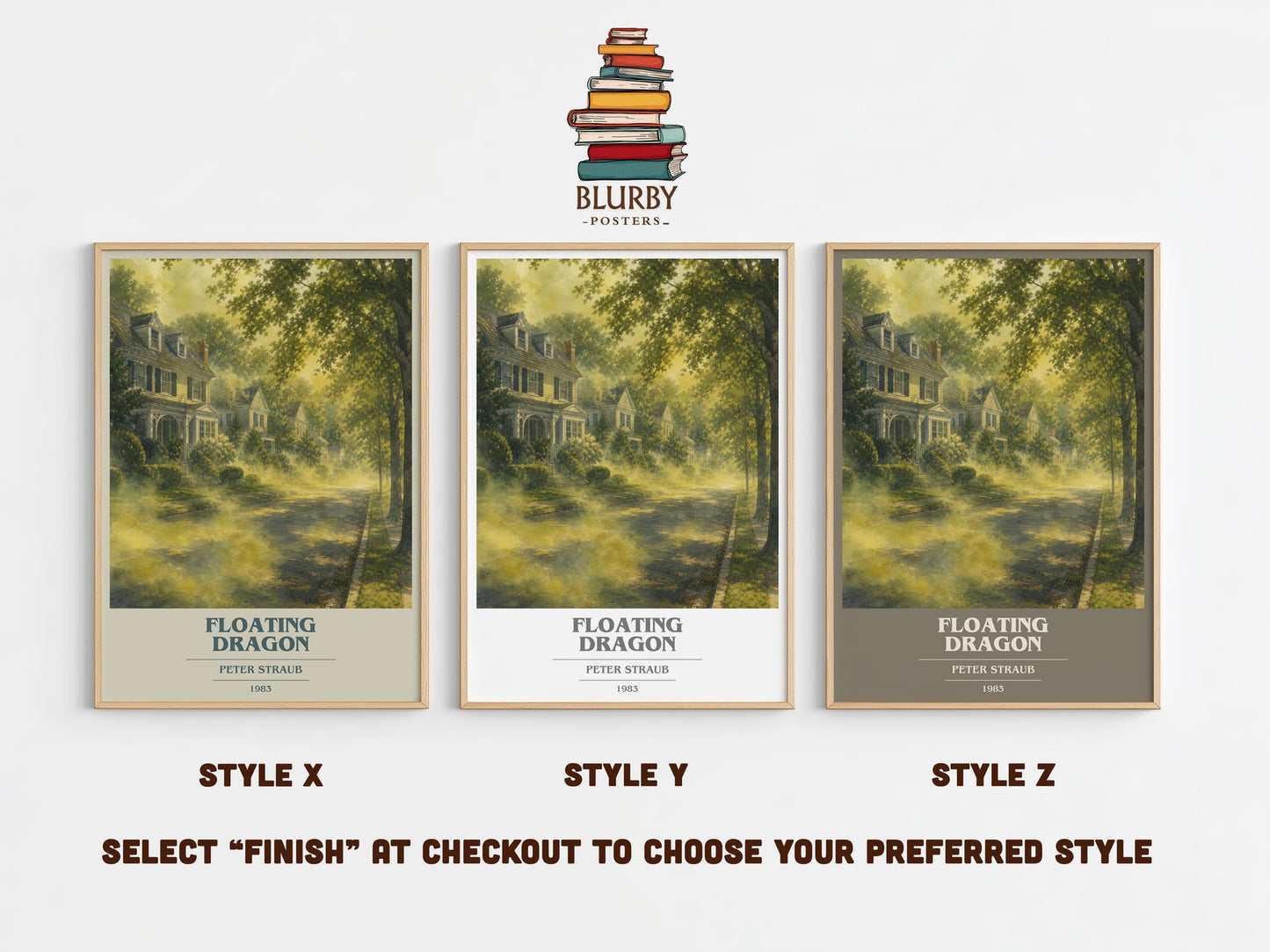 Floating Dragon book cover print in frame leaning in hallway – horror wall art