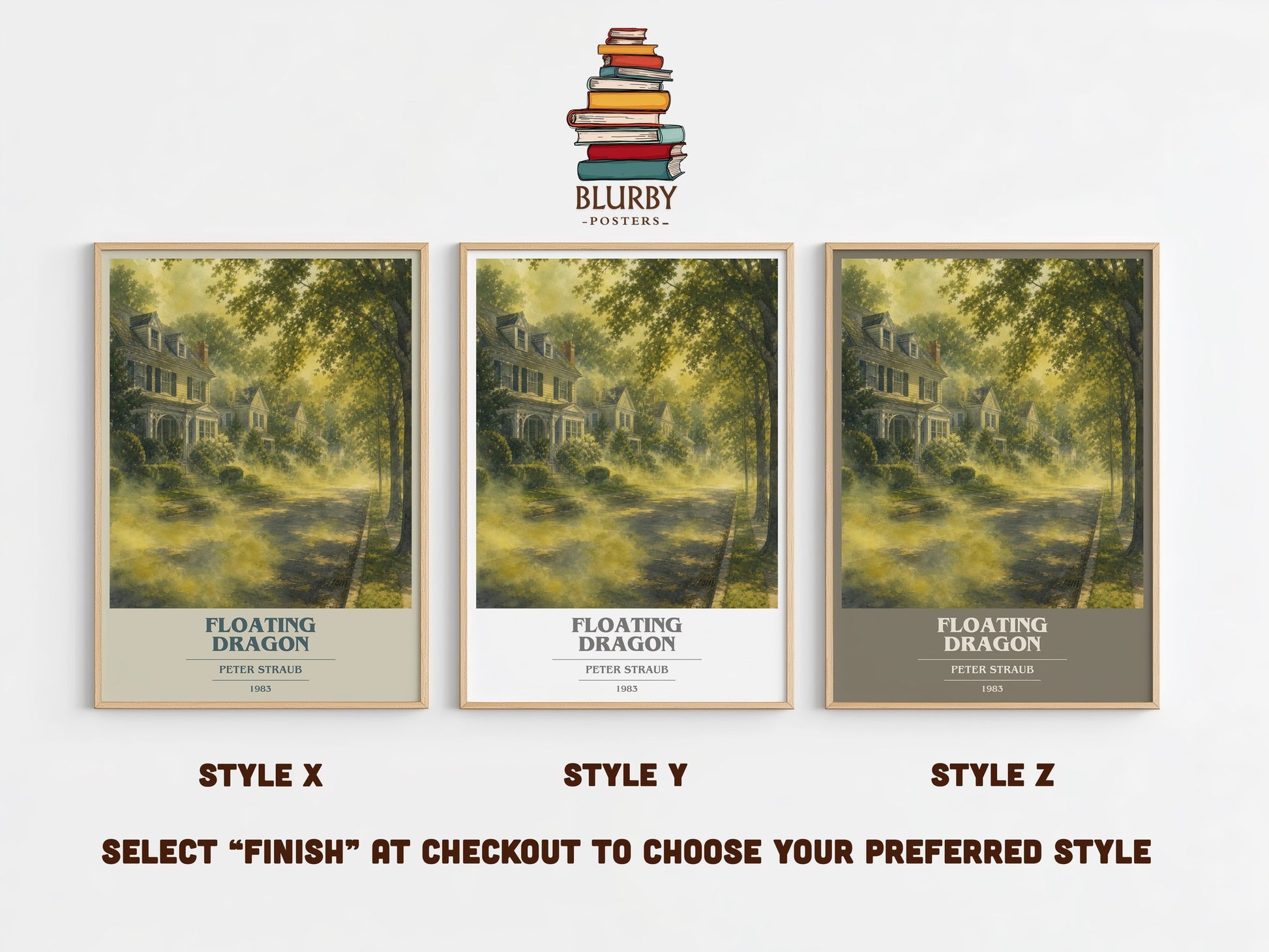 Floating Dragon book cover print in frame leaning in hallway – horror wall art