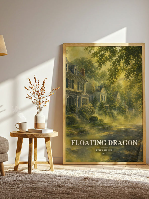 Floating Dragon watercolour print in frame leaning in hallway – horror wall art