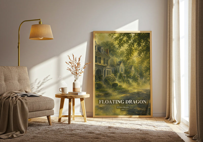 Floating Dragon watercolour print in frame leaning in hallway – horror wall art