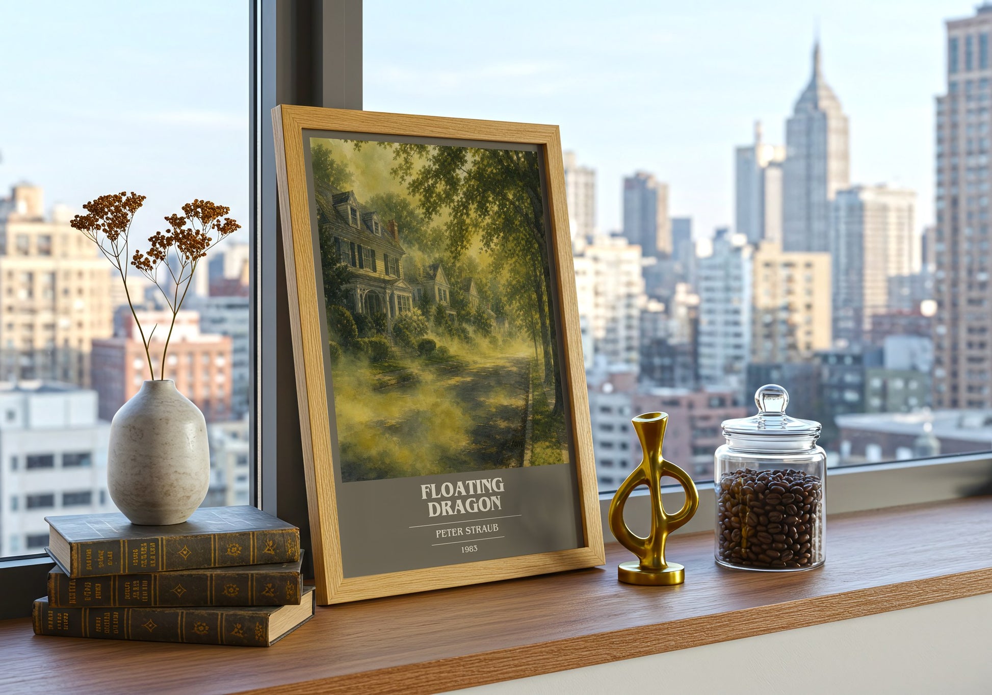 Floating Dragon book cover print framed by window – literary home decor