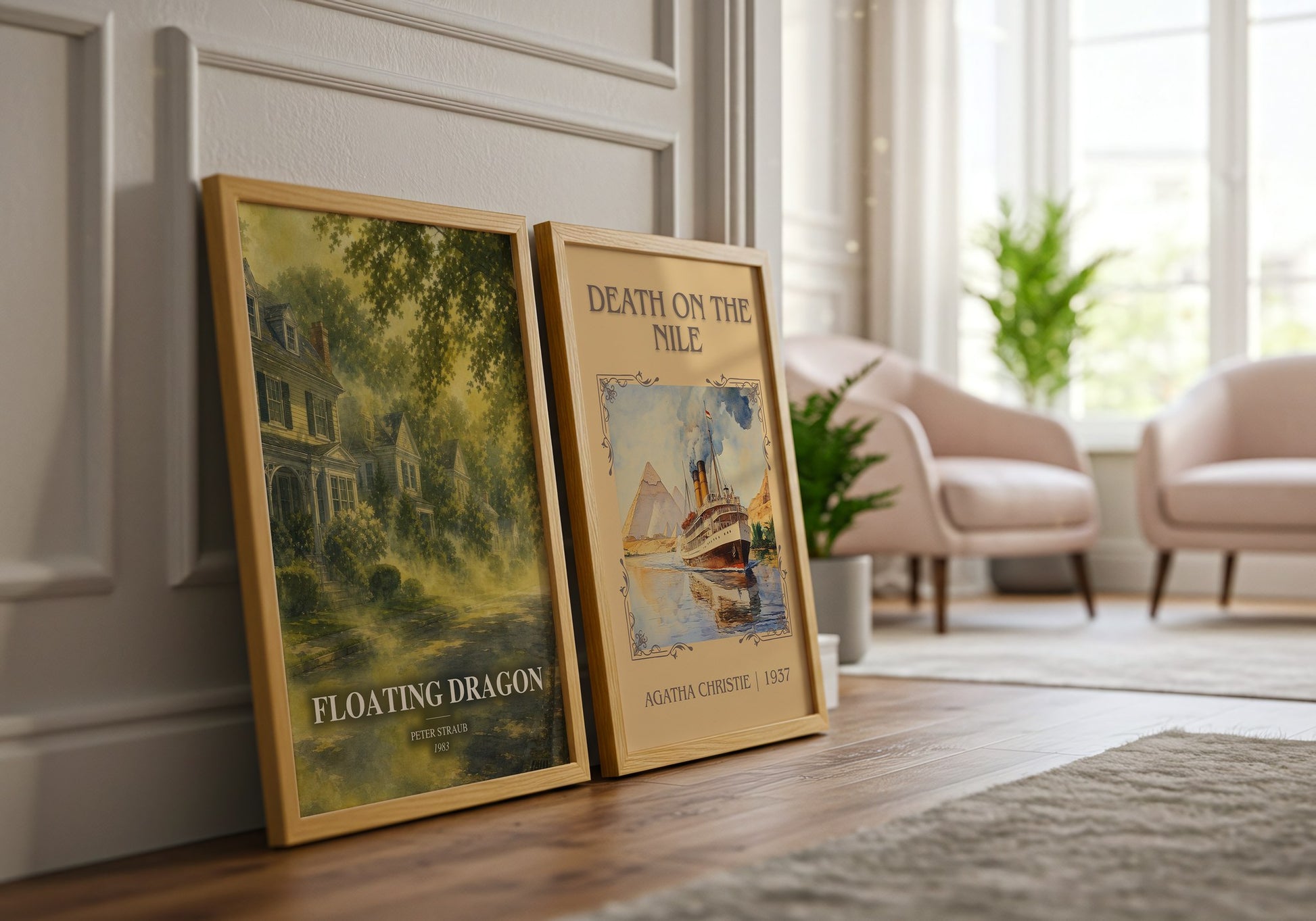 Floating Dragon watercolour print framed by window – literary home decor