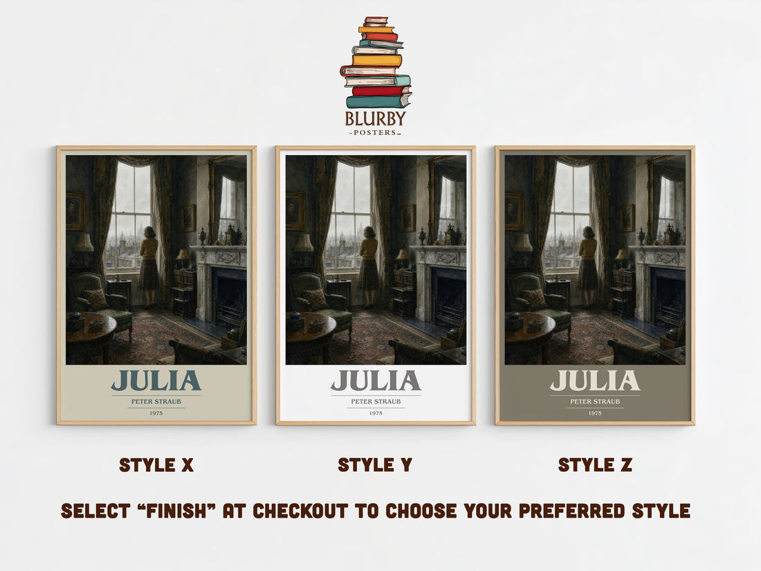 Julia book cover print in frame leaning in hallway – horror wall art (mockup)