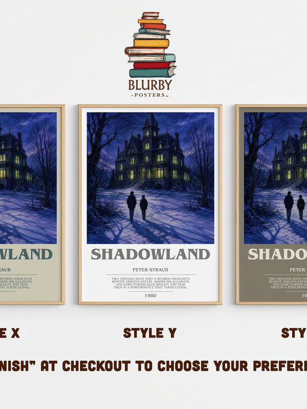 Shadowland bookish print in frame leaning in hallway – horror wall art